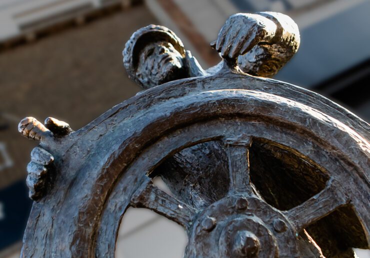 Close up of "The Bargeman" sculpture in Sittingbourne, Kent